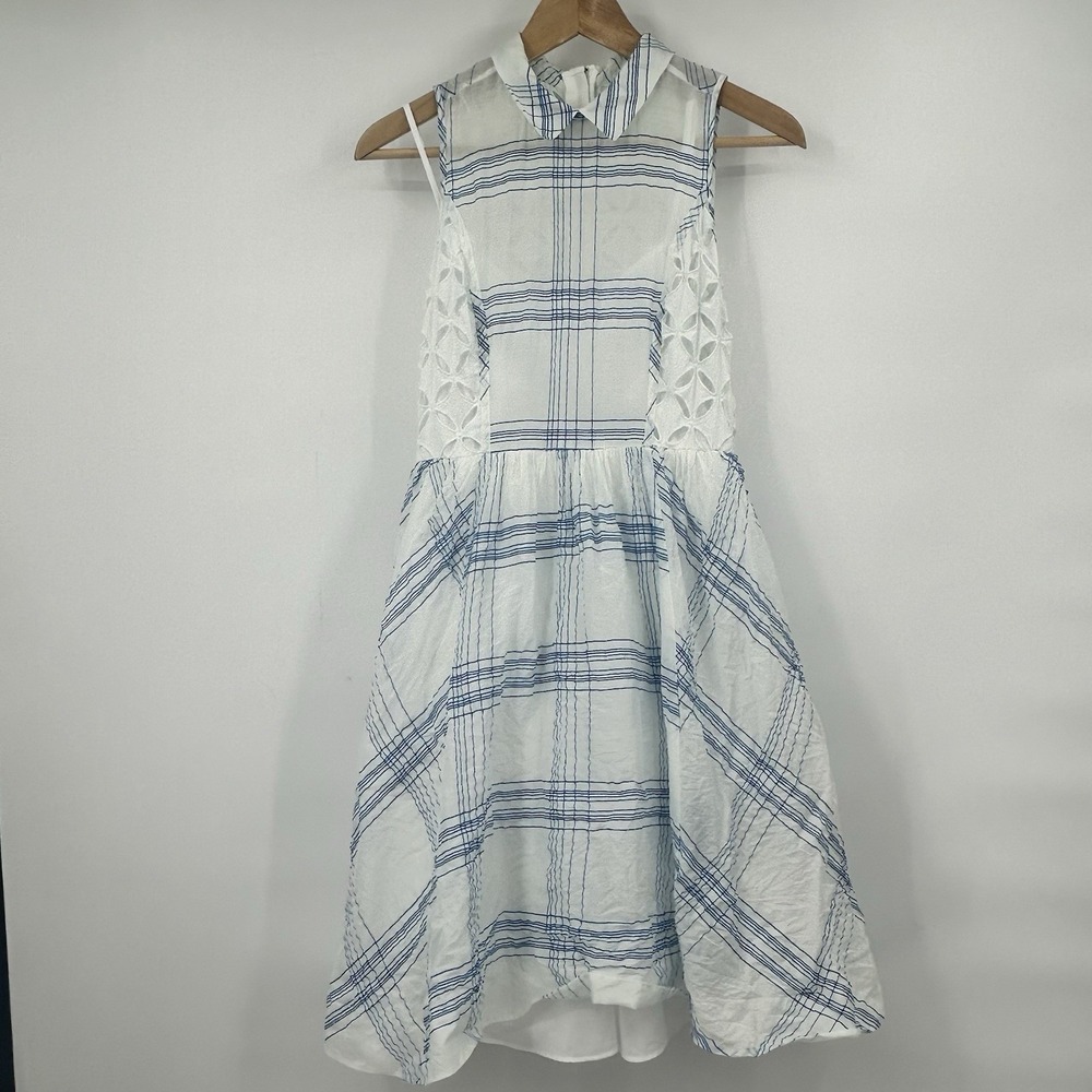 Anthropologie Moulinette Soeurs Seapane Dress Size 2 Blue White Plaid Eyelet
